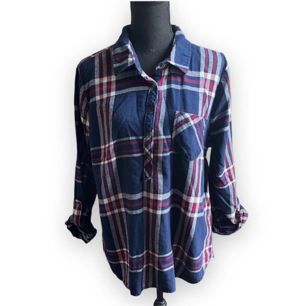 ALC Blue White Red Plaid Half Button Down Shirt XL